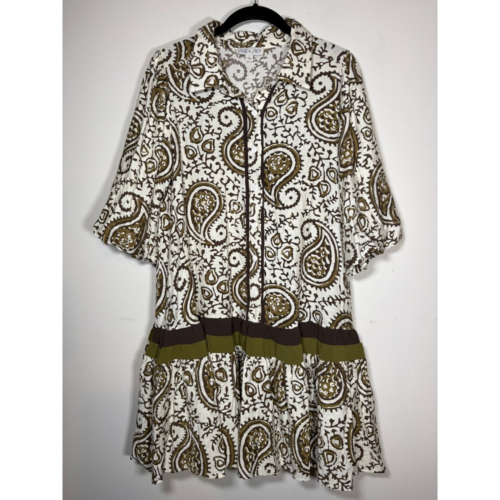 She + Sky Paisley Shirt Dress Brown Green Tiered Drop Waist Boho Boutique Small